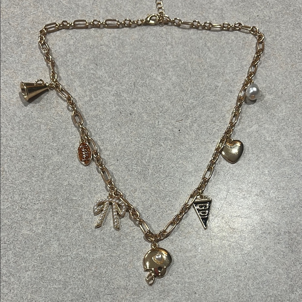 Gold-Tone Charm Necklace with Heart, Pearl & Skull Charms